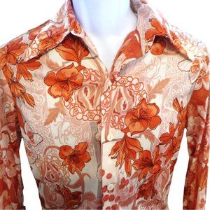 Vintage 70s Frankenstein Disco Polyester Floral Shirt Pointed Dagger Butterfly